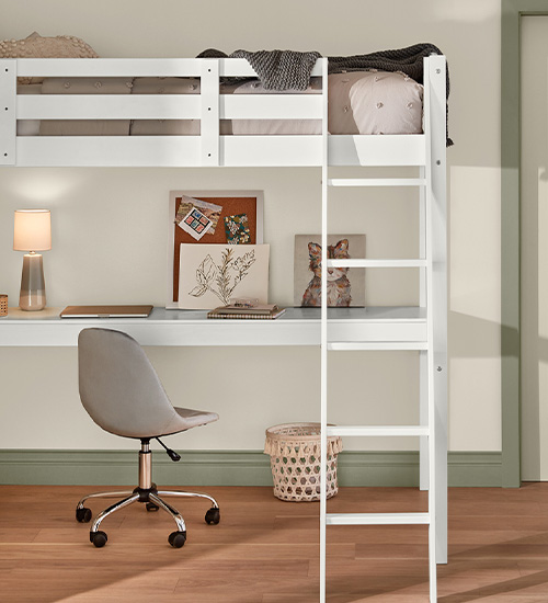 Ultra White lofted bed and desk against Villa Grey wall with Blanched Thyme trim. 